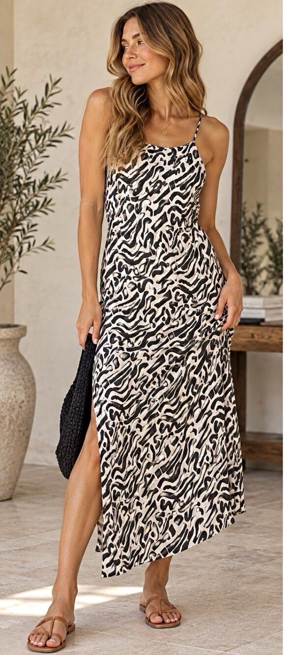 Band of the Free Black White Zebra Print Cowl Neck Backless Maxi Dress M